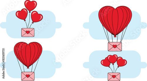 Heart balloons and envelopes sending love messages