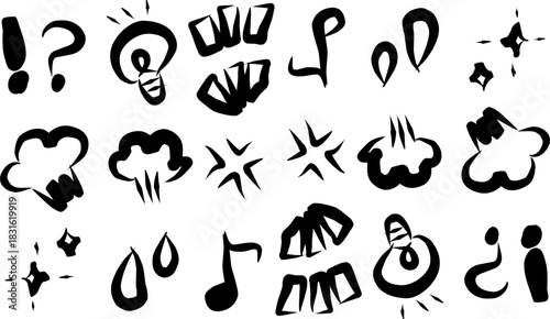 Bold hand-drawn comic effect doodles featuring exclamation marks, clouds, sparkles, motion lines, droplets, stars, and musical notes for dynamic cartoon art and graphic design.