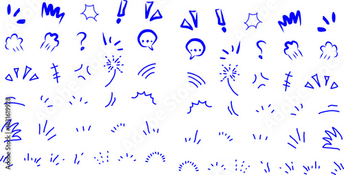 Hand-drawn blue comic motion and emotion doodles featuring exclamation marks, question marks, bursts, lines, and expressive accents for dynamic cartoon designs
