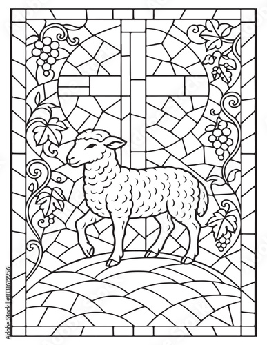 Stained glass lamb of god with cross and grapevines spiritual line drawing