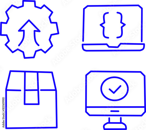 Blue outline icons illustrating software deployment workflow. Includes gear merge, coding on laptop, package delivery, and system validation for DevOps and IT solutions.
