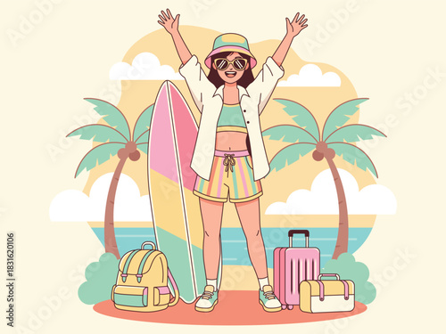 Happy Woman on Tropical Beach With Surfboard and Luggage – Summer Vacation Illustration