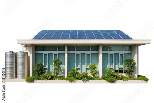 Sustainable home with rooftop solar panels and water tanks on a transparent background