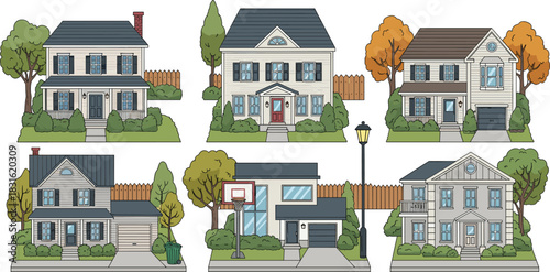 Suburban house vector set, residential architecture styles, colorful home designs, landscaping features, garage, porch, and driveway elements