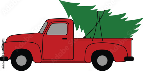 Vintage red pickup truck hauling a Christmas tree, flat vector illustration