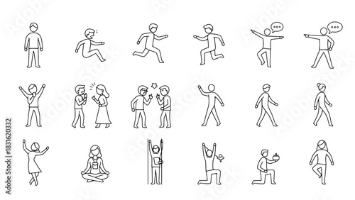 Collection of 18 black outline stick figure icons depicting various human actions, emotions, and interactions, arranged in a grid pattern on a white background.