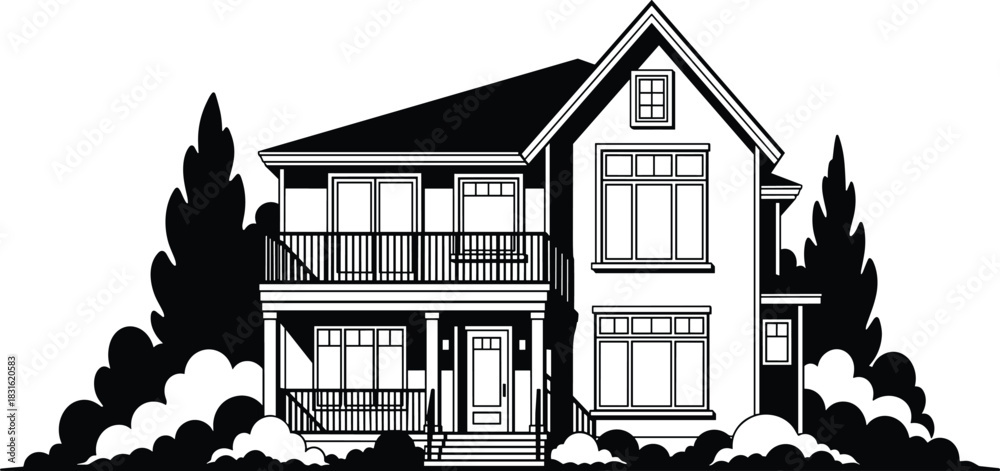 Obraz premium Two-story house vector illustration, black-and-white architectural design, porch and balcony details, residential home graphic, suburban building concept