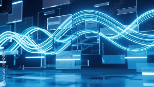 Abstract digital wave with glowing lines and geometric shapes