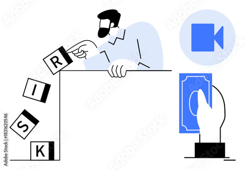 Man adjusts falling risk blocks, camera icon symbolizing analysis, and hand offering money. Ideal for decision-making, finance, strategy, investment, management, analysis simple flat metaphor