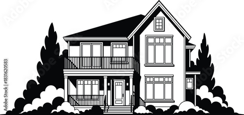 Two-story house vector illustration, black-and-white architectural design, porch and balcony details, residential home graphic, suburban building concept