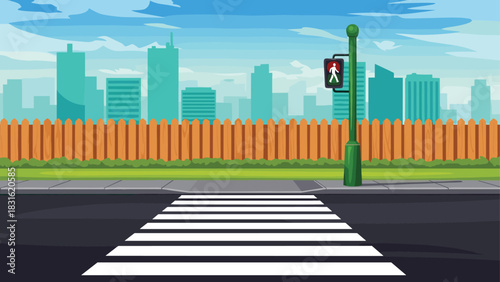 Urban crosswalk icon vector illustration, pedestrian safety design, traffic signal, cityscape background, road infrastructure graphic