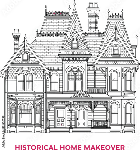Victorian house line drawing, ornate architecture vector, historical home makeover, vintage roof design, decorative trim, restoration blueprint concept