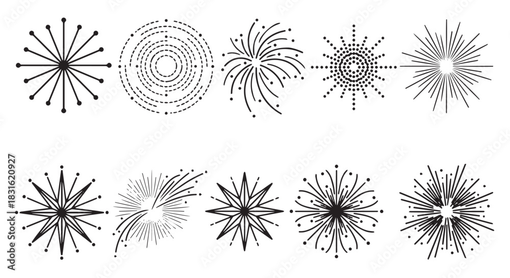 Obraz premium Set of simple firework burst icons, black and white celebration vector elements