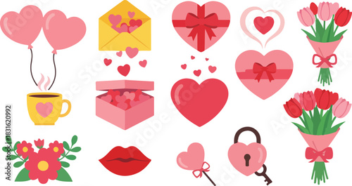 Valentines day love and romance flat design icons set