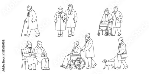 CAD Drawings.  Elderly people in winter isolated on white background. Vector illustration.