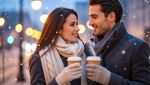 Happy couple drinking coffee on a snowy winter evening. Romantic man and woman holding hot drinks in the city. Christmas and New Year holiday concept