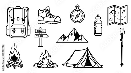 A collection of ten black outlined camping and hiking icons on a white background, featuring various outdoor adventure gear and nature elements with minimalist flat design