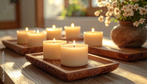 Aromatherapy candles and flower decorations creating a relaxing spa treatment atmosphere with soft candlelight and gentle aroma