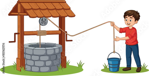 Water well with pulley vector, cartoon boy drawing water, simple machine illustration, educational physics concept, rural engineering design