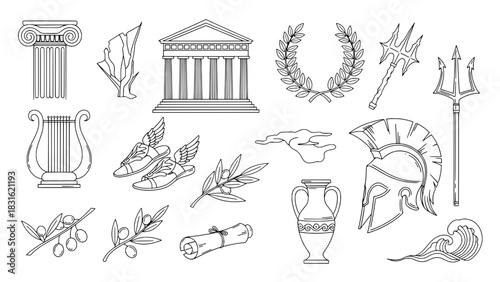 Sixteen Ancient Greek and Roman Mythology Outline Icons on White Background