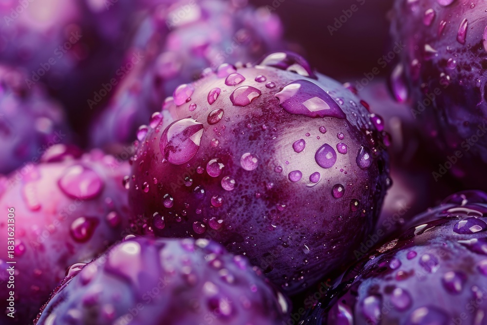 Naklejka premium Close up of fresh purple grapes covered with water droplets, creating a vibrant and textured image