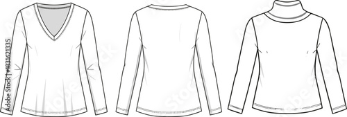 Women’s long-sleeve top icon vector illustration, V-neck, crew neck, turtleneck styles, fashion design template, clothing silhouette set