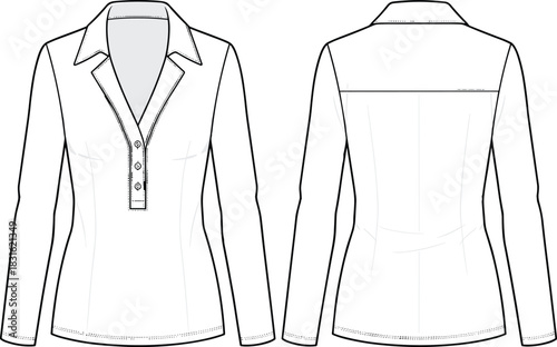 Women’s blouse technical flat sketch, long-sleeve shirt front and back view, fashion design vector, garment construction illustration