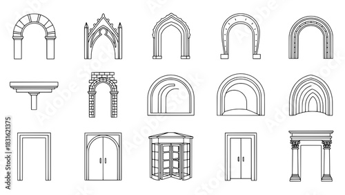 A Grid of 15 Outline Icons Depicting Diverse Architectural Arches, Doorways, and Structural Elements