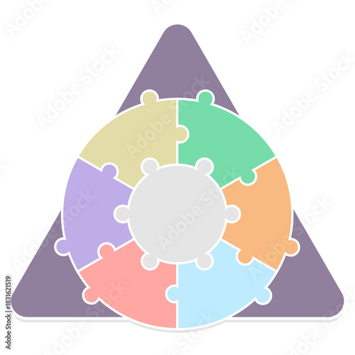 Blank 6-Step Puzzle Infographic Vector Template. Multicolor circular diagram is framed by a pyramid, visualizing 6 interconnected steps, ideas, or hierarchical levels. Ideal for business reports