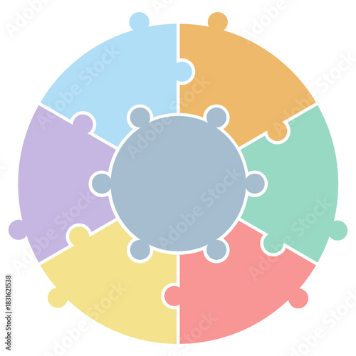 Blank 6-Step Puzzle Pie Infographic Vector Template. Multicolor segmented circular diagram visualizes 6 interconnected stages, ideas, or hierarchical levels around a central core
