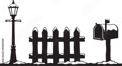 Winter street scene elements silhouette, lamp post and fence covered in snow vector
