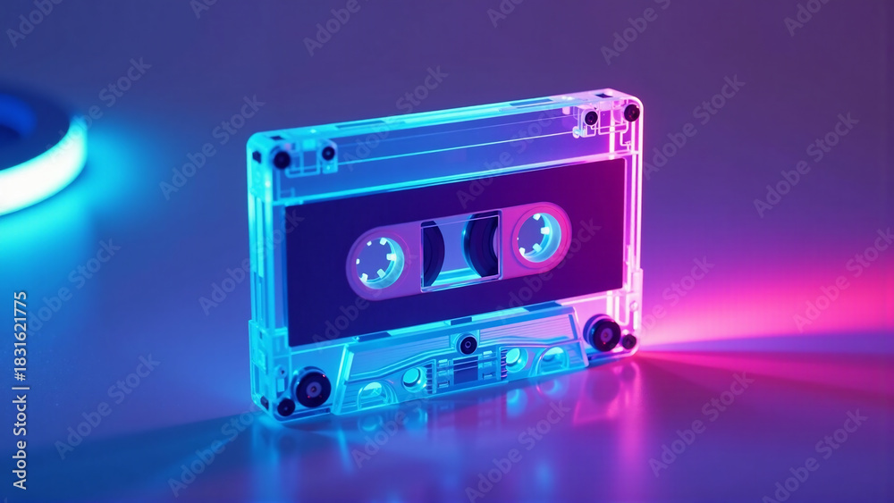 Obraz premium Neon Laser Beam Cassette: Retro Future Echoes