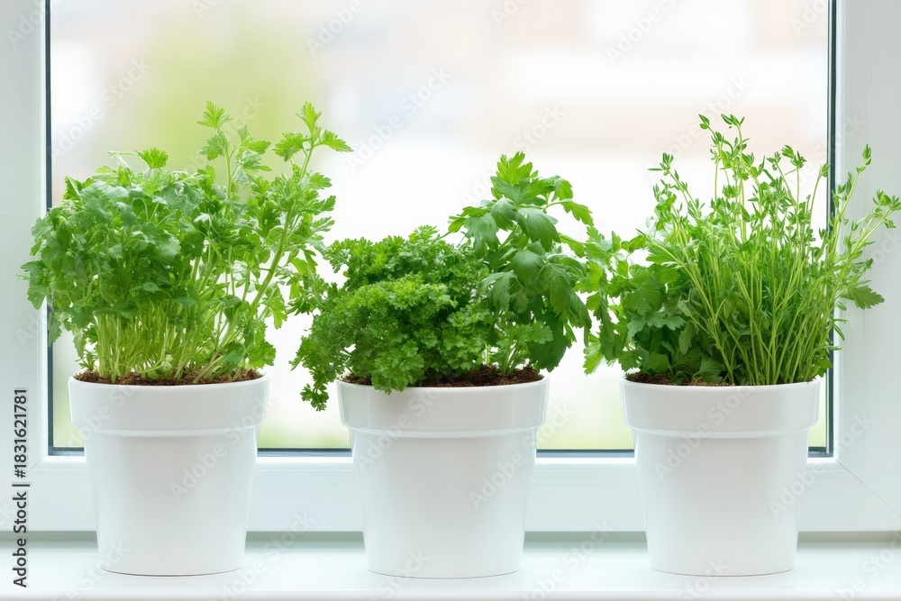 Fototapeta premium Lush herb collection thriving in bright white pots on a windowsill offering vibrant green foliage