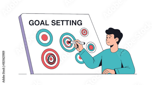 Man drawing targets on a board labeled goal setting representing achievement and strategic planning for success