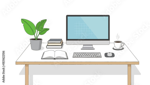 A minimalist workspace featuring a computer keyboard mouse stacked books an open book a potted plant and a cup of coffee on a white desk