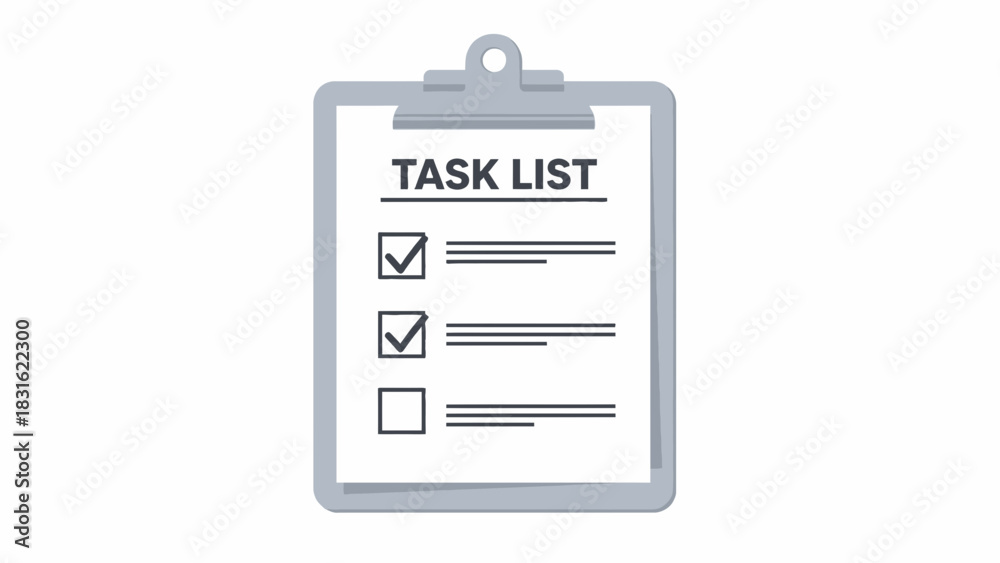 Fototapeta premium A simple flat design illustration of a clipboard with a task list showing two completed items and one pending task