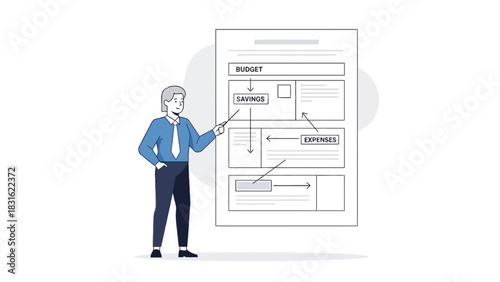 Business professional explaining a financial budget plan with sections for savings and expenses on a whiteboard