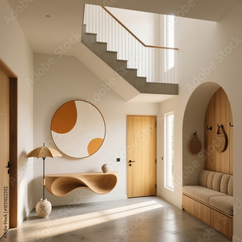 Modern Japandi entryway featuring organic wood furniture and staircase
