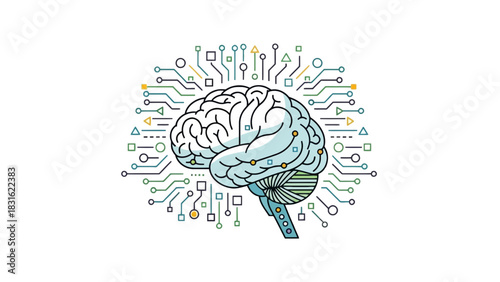 Stylized illustration of a human brain connected to a digital circuit board with colorful lines and geometric shapes