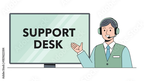 Friendly cartoon man wearing headset and suit standing next to a computer screen displaying support desk text