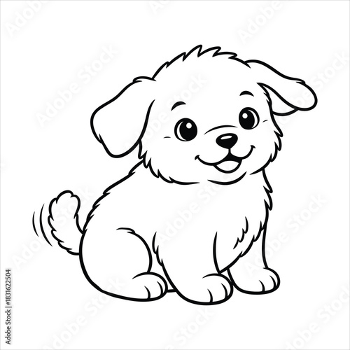 A Cute puppy sitting with a wagging tail black line art, white background