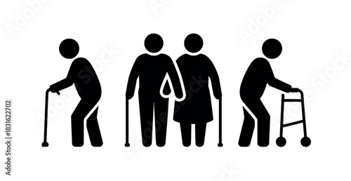 A group of stylized elderly figures are depicted using walking aids, symbolizing aging and mobility challenges.