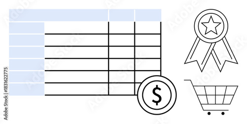 Data table with rows and columns, dollar coin, shopping cart, and award badge for themes thumbs up finance, commerce, budgeting, e-commerce, quality planning analysis. Ideal for simple flat