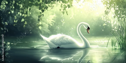 Majestic swan gliding serenely through a glowing pond framed by vibrant leaves
