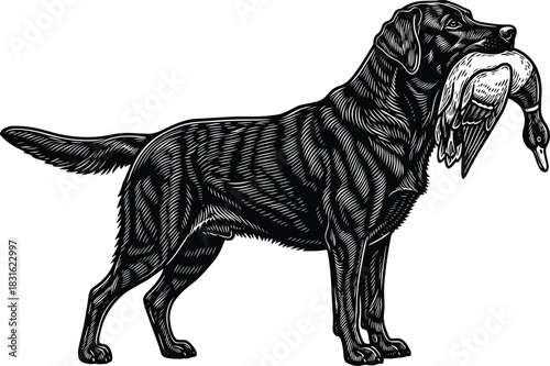 Hunting retriever dog holding duck in mouth detailed black design, wildlife animal art for hunting theme, cad drawing flat vector illustration
