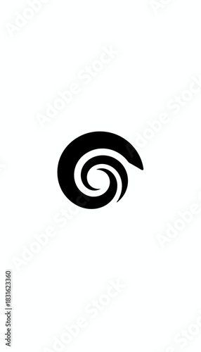 A simple black spiral symbol on a white background, representing a swirl or a vortex.
