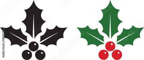 Black and green holly berry icon in bold silhouette style, perfect for festive seasonal designs.