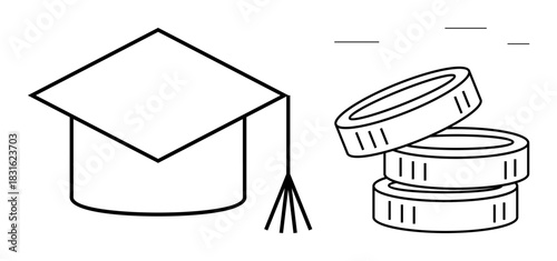 Graduation cap and stacked coins representing education expenses, student loans, scholarships, financial aid, savings, career growth, and investment in knowledge. A simple flat metaphor
