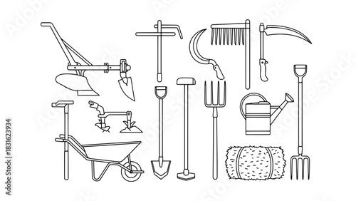 Collection of Detailed Outline Icons: Various Farm and Garden Tools, Agricultural Implements, and Supplies Arranged on a White Background