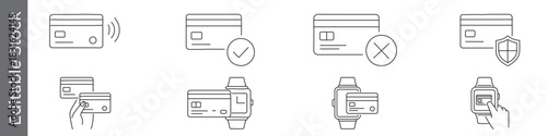  Contactless Payment line icon set – editable outline symbols of secure, approval, decline, smartwatch and transaction